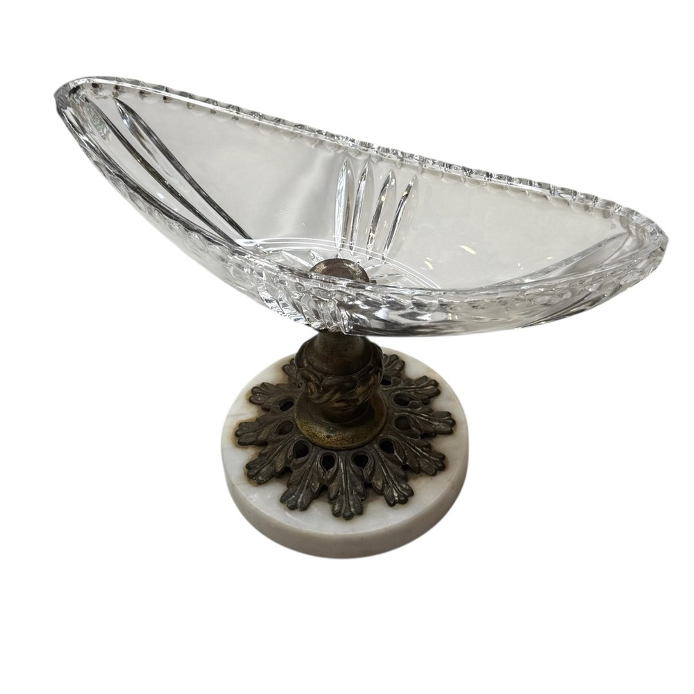 Elegant Vintage Crystal Banana Bowl with Brass and Marble Base
